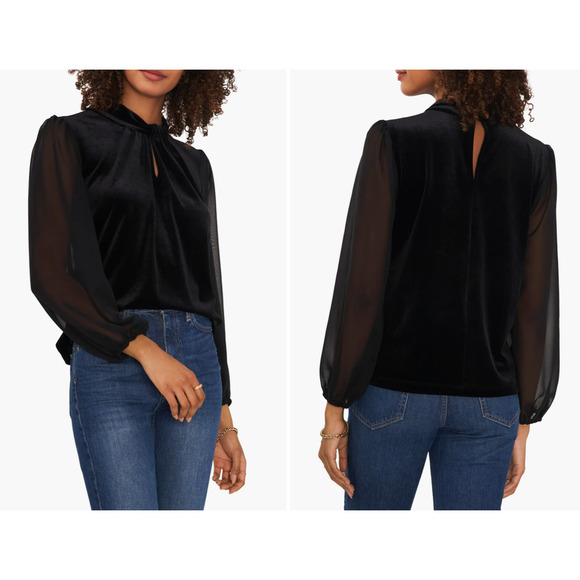 NWT Vince Camuto Keyhole Neck Mixed Media Velvet Top Sheer Sleeve Womens Black M - Picture 1 of 6